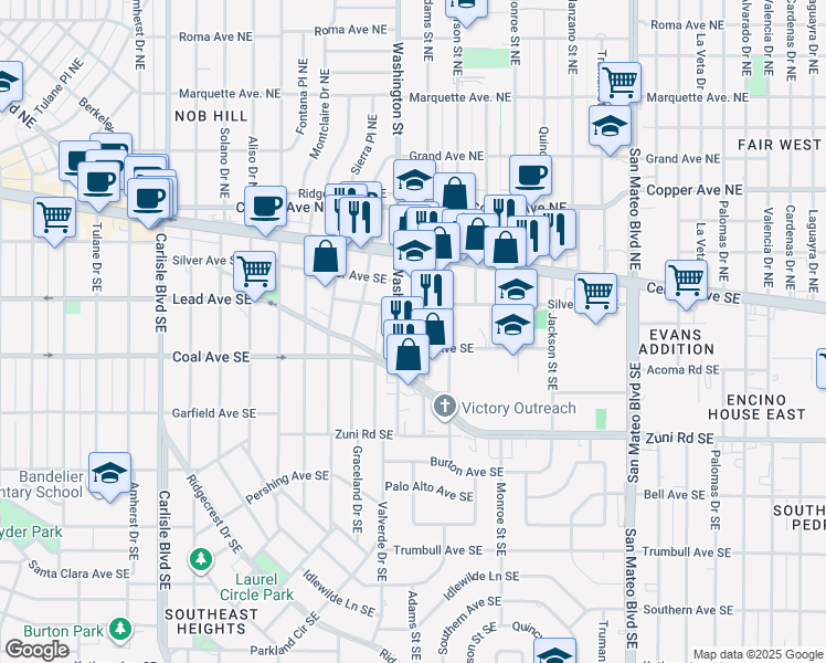 map of restaurants, bars, coffee shops, grocery stores, and more near 225 Adams Street Southeast in Albuquerque