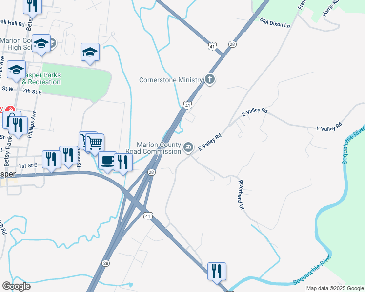 map of restaurants, bars, coffee shops, grocery stores, and more near 513 East Valley Road in Jasper