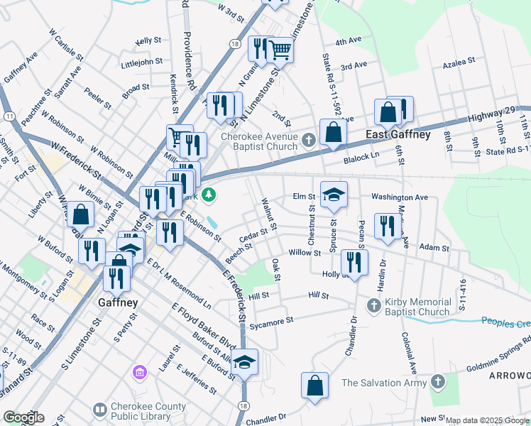 map of restaurants, bars, coffee shops, grocery stores, and more near 301 Walnut Street in Gaffney