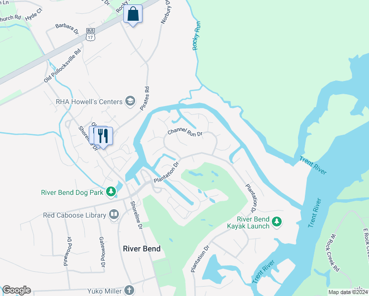 map of restaurants, bars, coffee shops, grocery stores, and more near 112 Starboard Drive in New Bern