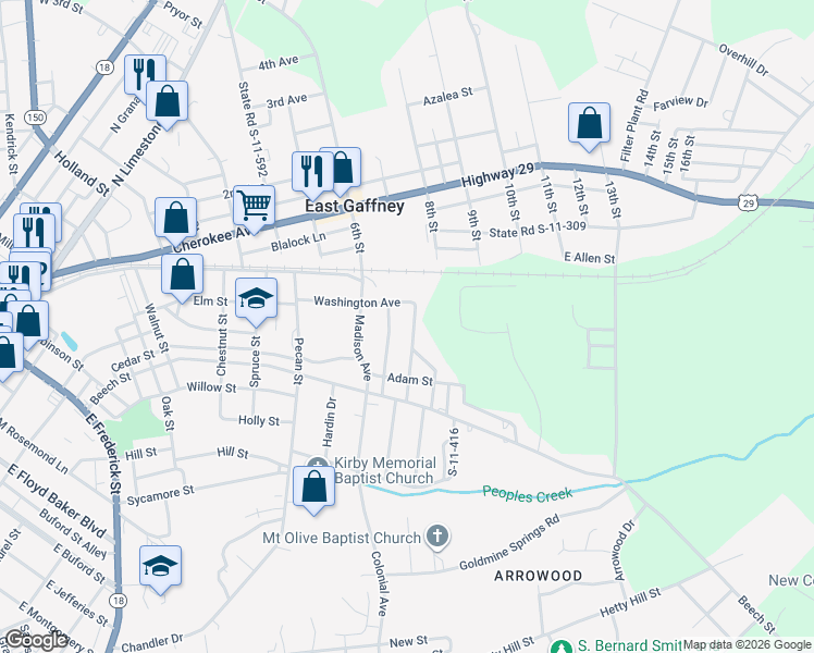 map of restaurants, bars, coffee shops, grocery stores, and more near 222 Monroe Street in Gaffney