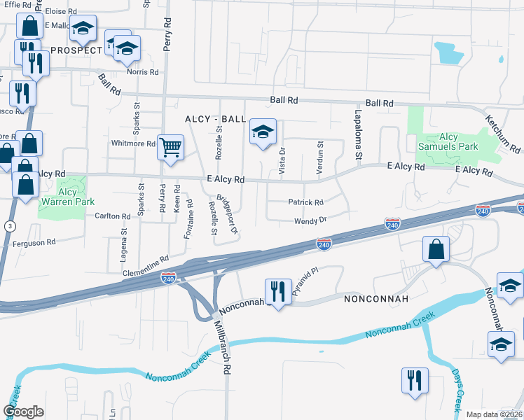 map of restaurants, bars, coffee shops, grocery stores, and more near 2533 Judson Street in Memphis