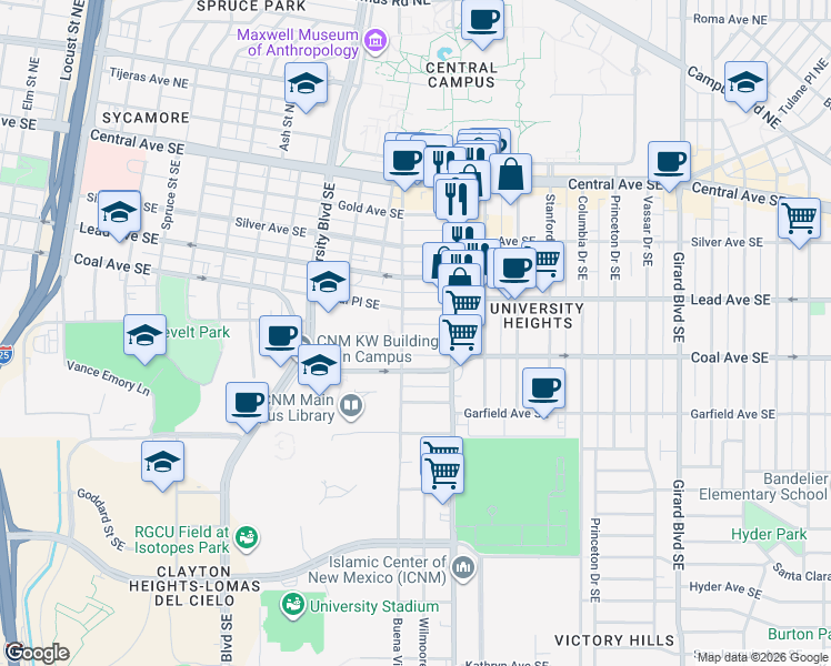 map of restaurants, bars, coffee shops, grocery stores, and more near 2111 Oxford Avenue Southeast in Albuquerque