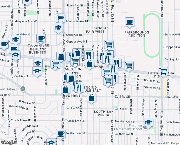 map of restaurants, bars, coffee shops, grocery stores, and more near 124 Alvarado Drive Southeast in Albuquerque