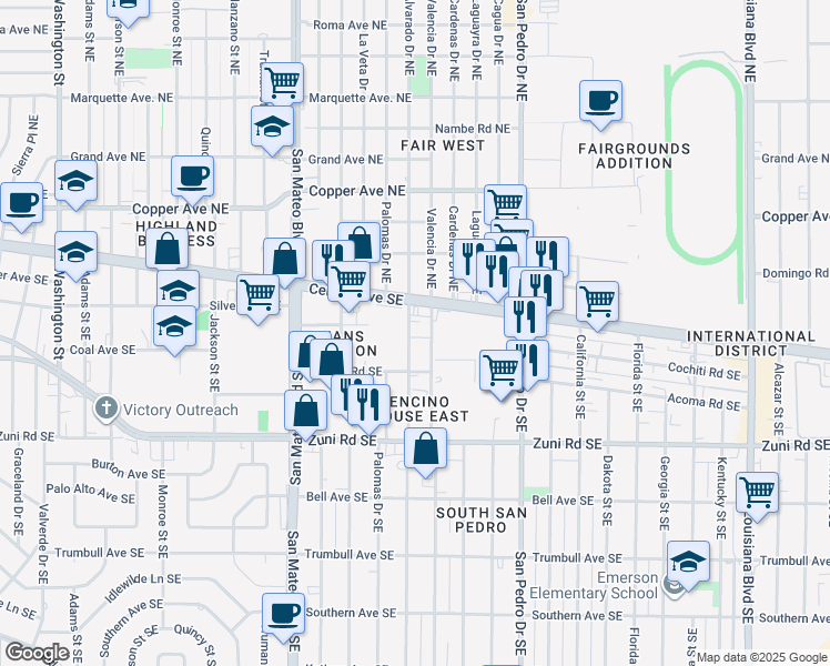 map of restaurants, bars, coffee shops, grocery stores, and more near 124 Alvarado Drive Southeast in Albuquerque