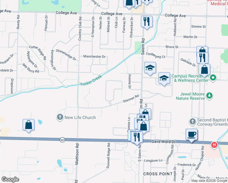 map of restaurants, bars, coffee shops, grocery stores, and more near 307 Pippinpost Drive in Conway