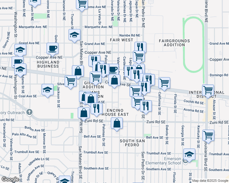map of restaurants, bars, coffee shops, grocery stores, and more near 124 Alvarado Drive Southeast in Albuquerque