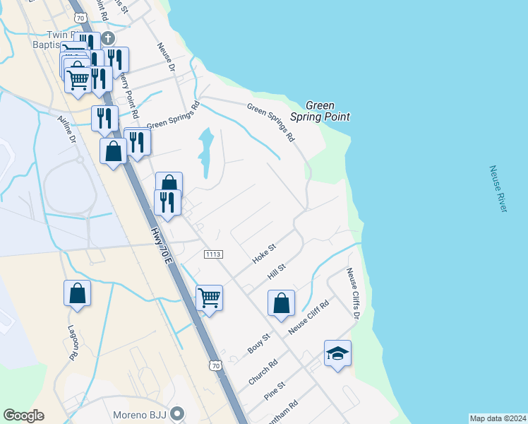 map of restaurants, bars, coffee shops, grocery stores, and more near 146 Grantham Place in New Bern