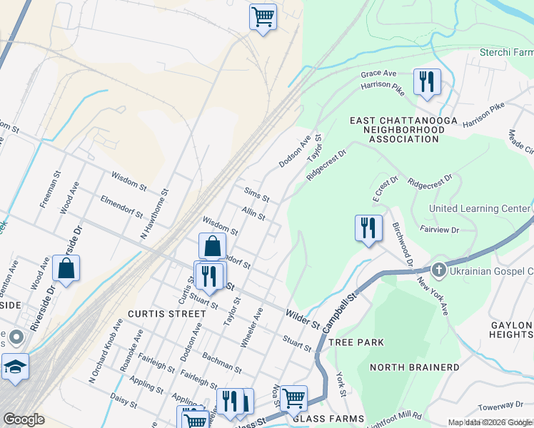 map of restaurants, bars, coffee shops, grocery stores, and more near 2219 Allin Street in Chattanooga