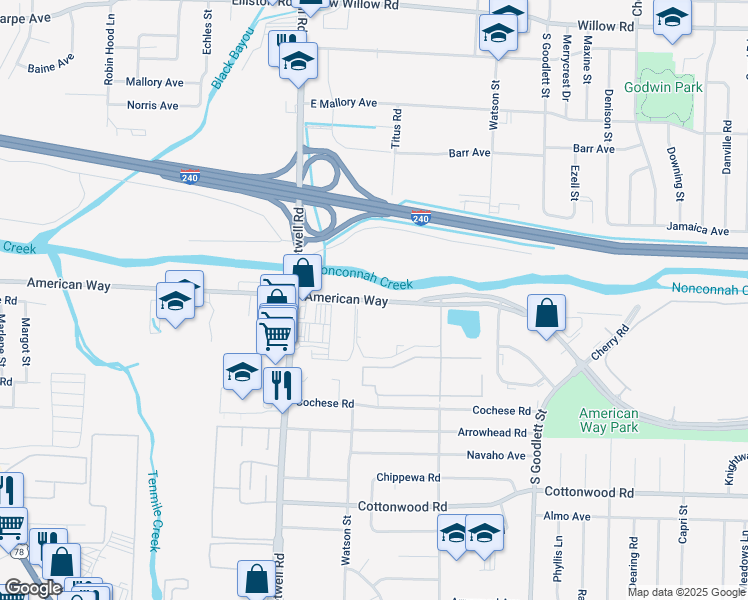map of restaurants, bars, coffee shops, grocery stores, and more near 4075 American Way in Memphis
