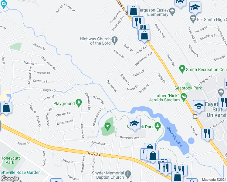 map of restaurants, bars, coffee shops, grocery stores, and more near 1470 Thelbert Drive in Fayetteville