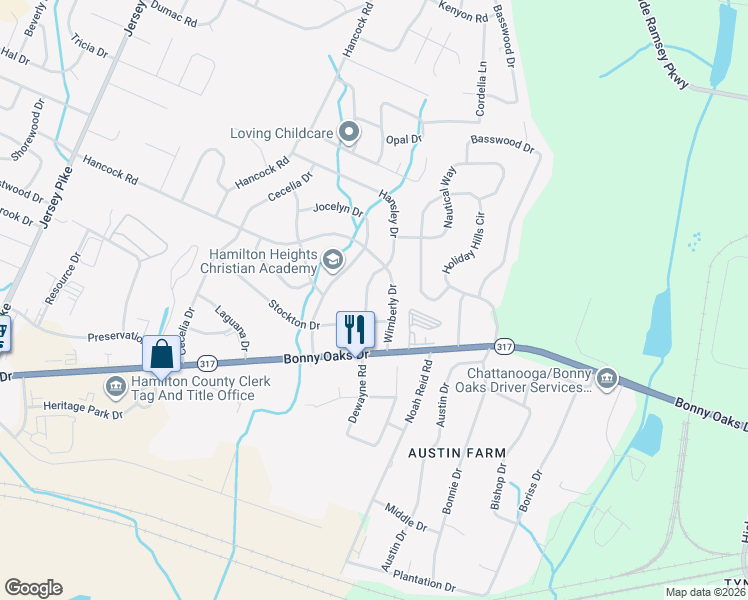 map of restaurants, bars, coffee shops, grocery stores, and more near 7712 Hansley Drive in Chattanooga