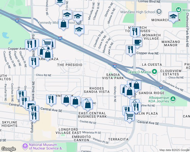 map of restaurants, bars, coffee shops, grocery stores, and more near 524 Ida Place Northeast in Albuquerque