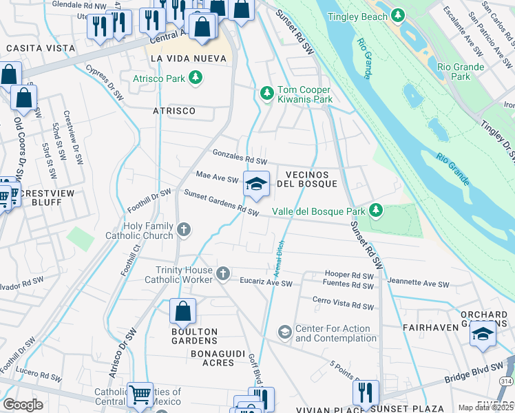 map of restaurants, bars, coffee shops, grocery stores, and more near 1700 Mae Avenue Southwest in Albuquerque