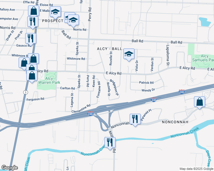 map of restaurants, bars, coffee shops, grocery stores, and more near 2542 Rozelle Street in Memphis