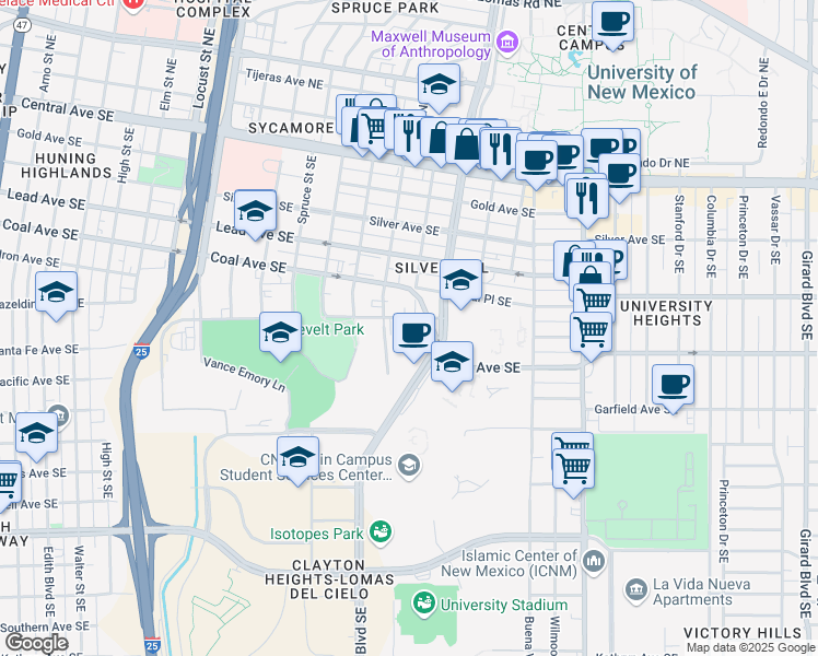 map of restaurants, bars, coffee shops, grocery stores, and more near 717 University Boulevard Southeast in Albuquerque