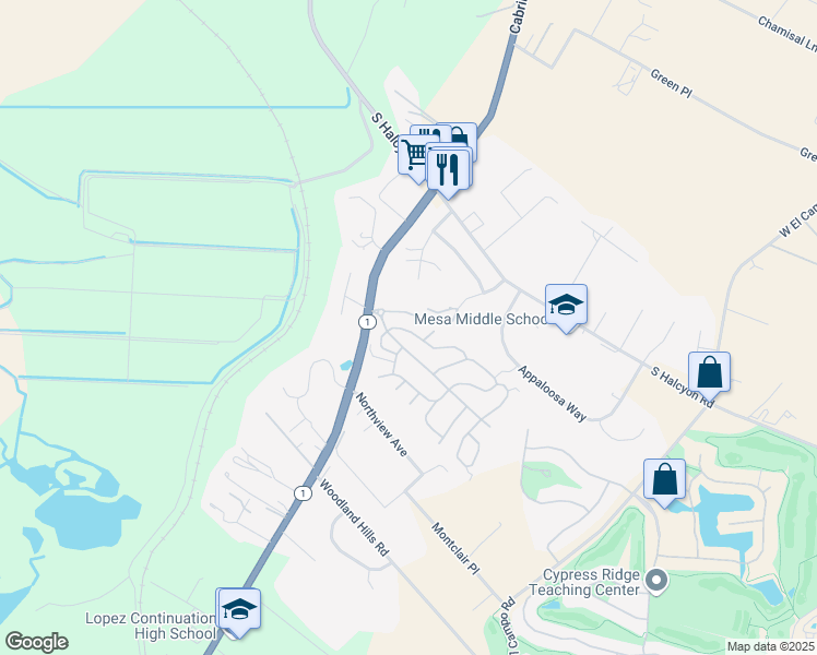map of restaurants, bars, coffee shops, grocery stores, and more near 765 Mesa View Drive in Arroyo Grande