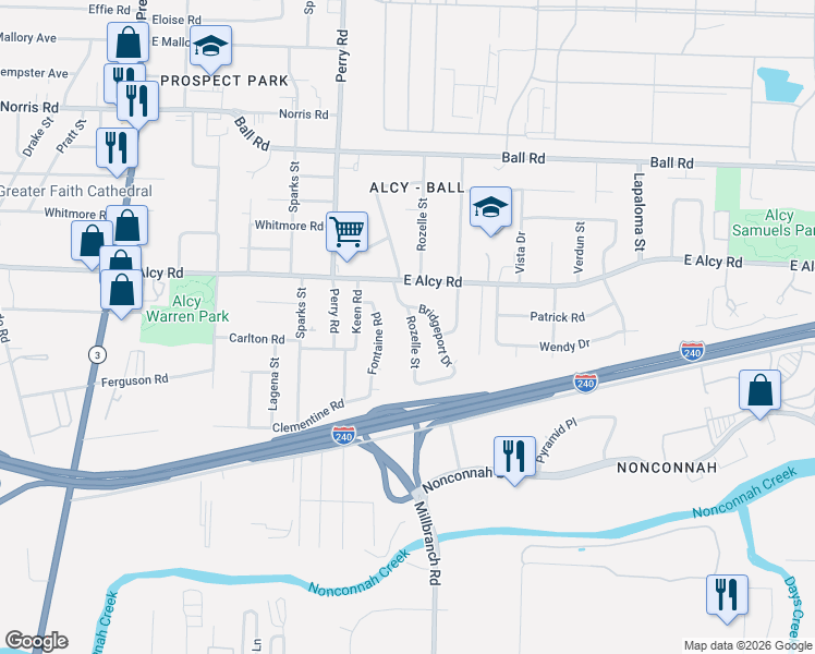 map of restaurants, bars, coffee shops, grocery stores, and more near 2542 Rozelle Street in Memphis