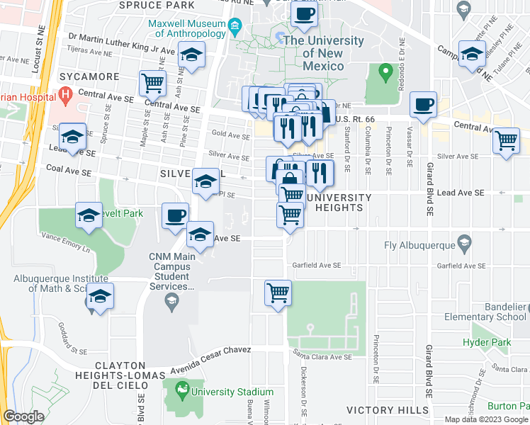 map of restaurants, bars, coffee shops, grocery stores, and more near 2117 Oxford Avenue Southeast in Albuquerque