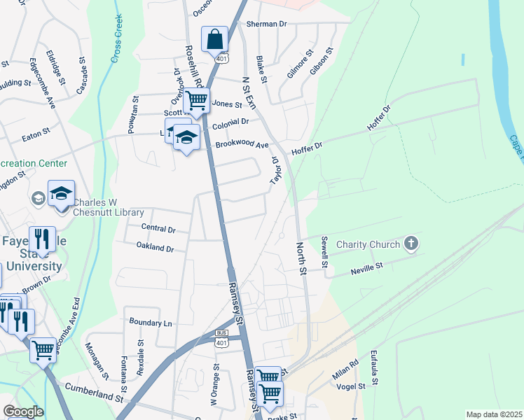 map of restaurants, bars, coffee shops, grocery stores, and more near 125 Mullins Avenue in Fayetteville