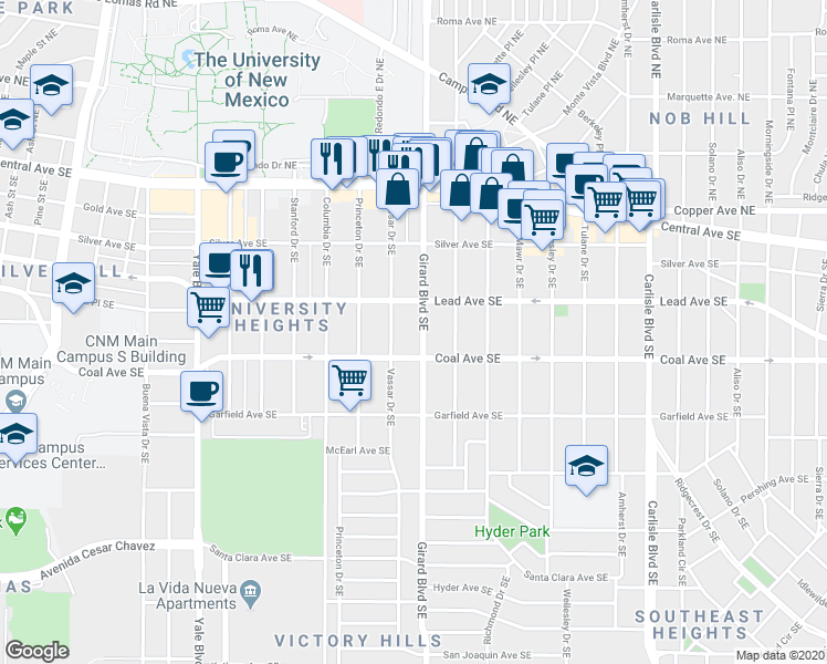 map of restaurants, bars, coffee shops, grocery stores, and more near 320 Vassar Drive Southeast in Albuquerque