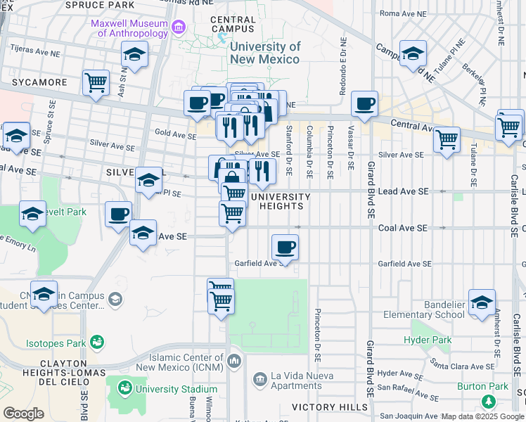 map of restaurants, bars, coffee shops, grocery stores, and more near 317 Cornell Drive Southeast in Albuquerque
