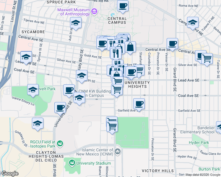 map of restaurants, bars, coffee shops, grocery stores, and more near 2129 Coal Avenue Southeast in Albuquerque
