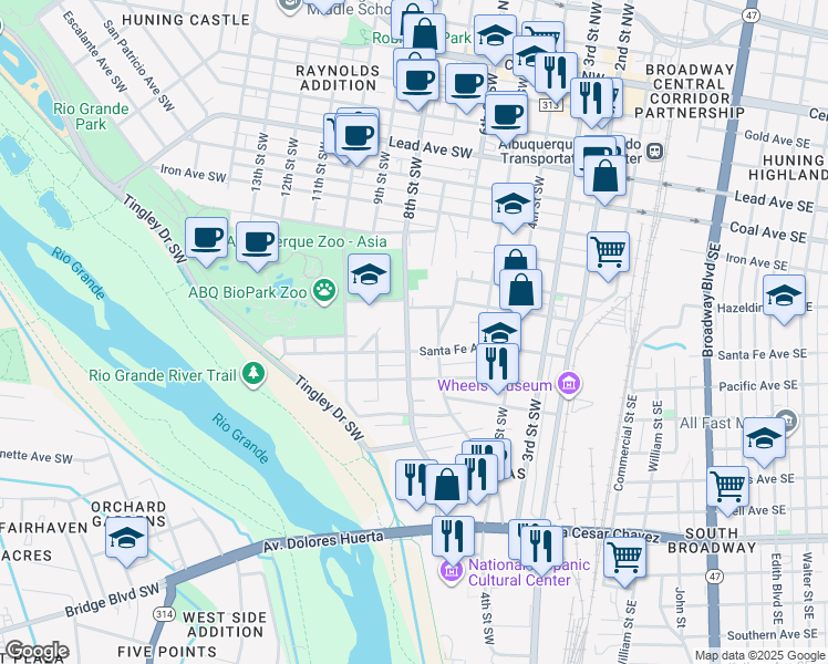 map of restaurants, bars, coffee shops, grocery stores, and more near 801 Santa Fe Avenue Southwest in Albuquerque