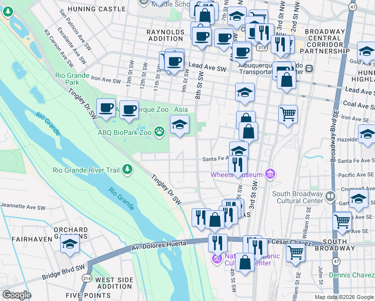 map of restaurants, bars, coffee shops, grocery stores, and more near 801 Santa Fe Avenue Southwest in Albuquerque