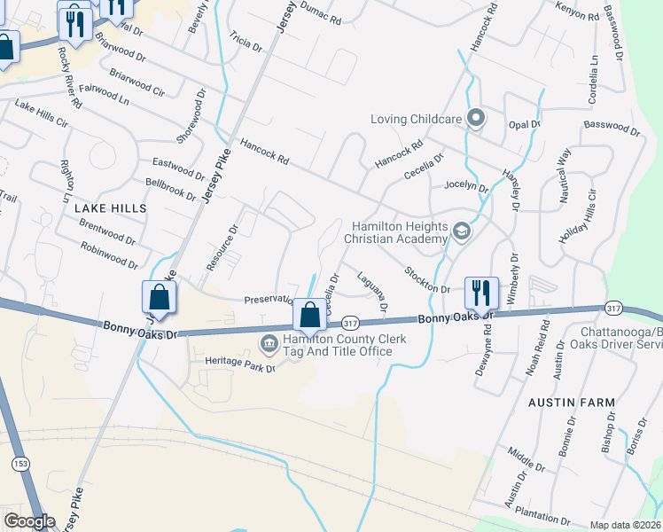 map of restaurants, bars, coffee shops, grocery stores, and more near 7615 Cecelia Drive in Chattanooga