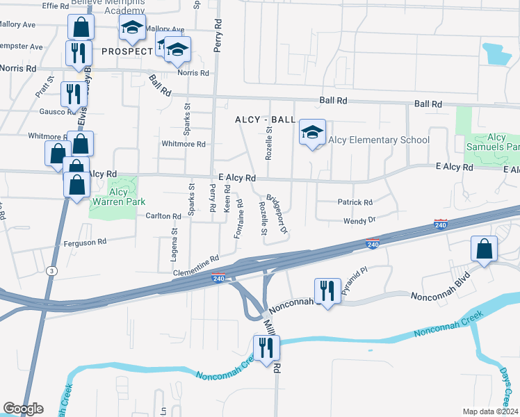 map of restaurants, bars, coffee shops, grocery stores, and more near 2542 Rozelle Street in Memphis