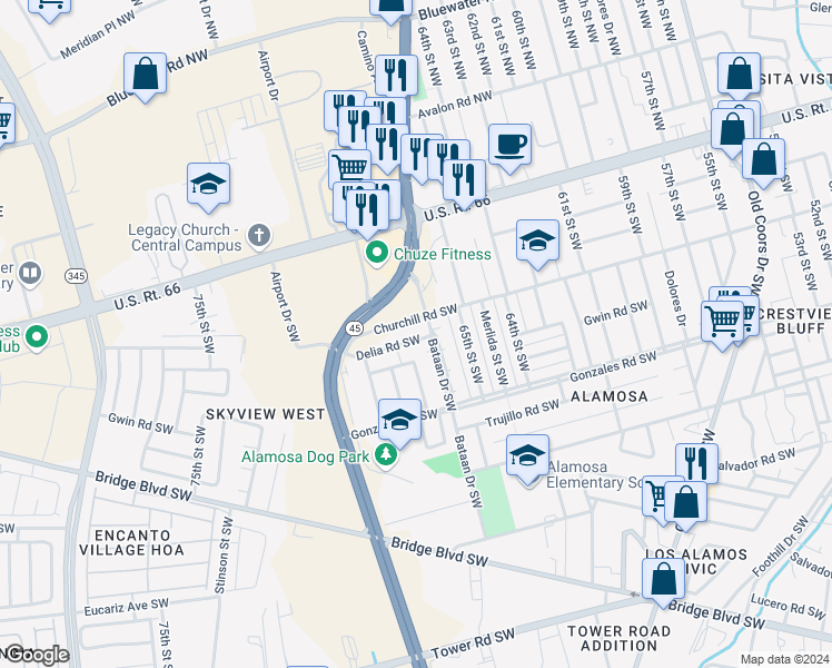 map of restaurants, bars, coffee shops, grocery stores, and more near 99999 Delia Road Southwest in Albuquerque