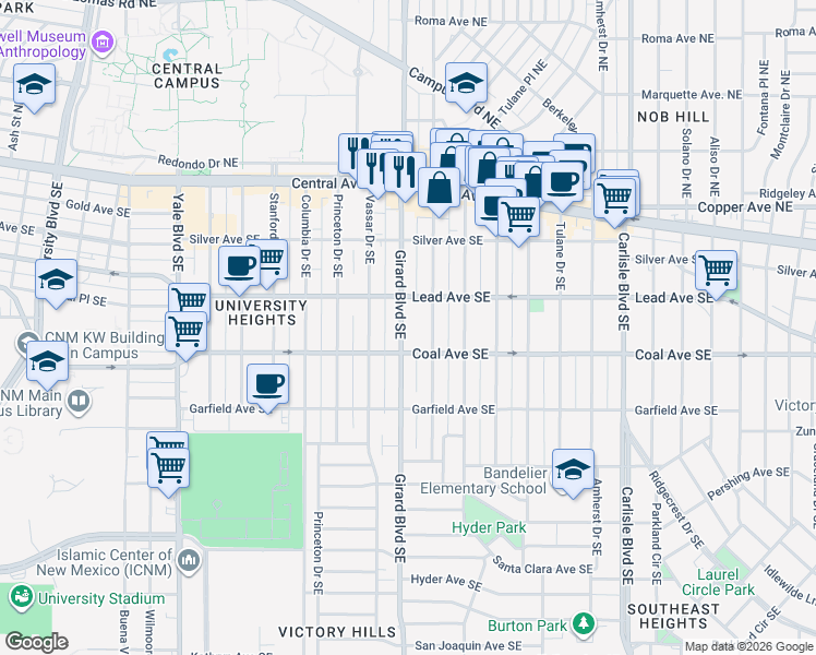 map of restaurants, bars, coffee shops, grocery stores, and more near 314 Girard Boulevard Southeast in Albuquerque