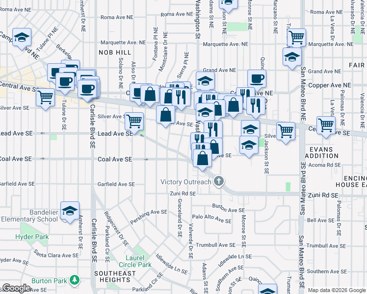 map of restaurants, bars, coffee shops, grocery stores, and more near 312 Graceland Drive Southeast in Albuquerque