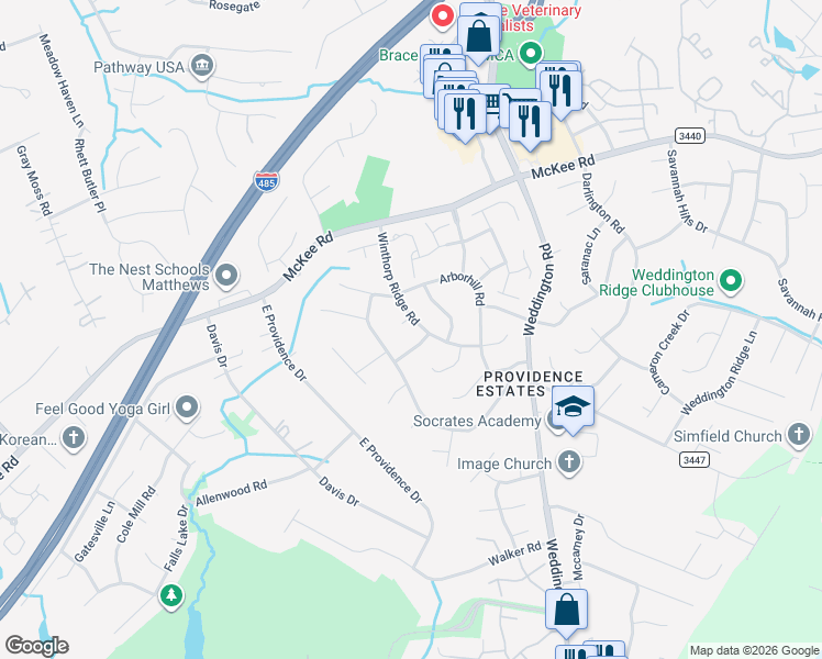 map of restaurants, bars, coffee shops, grocery stores, and more near 2724 Apple Twig Drive in Charlotte