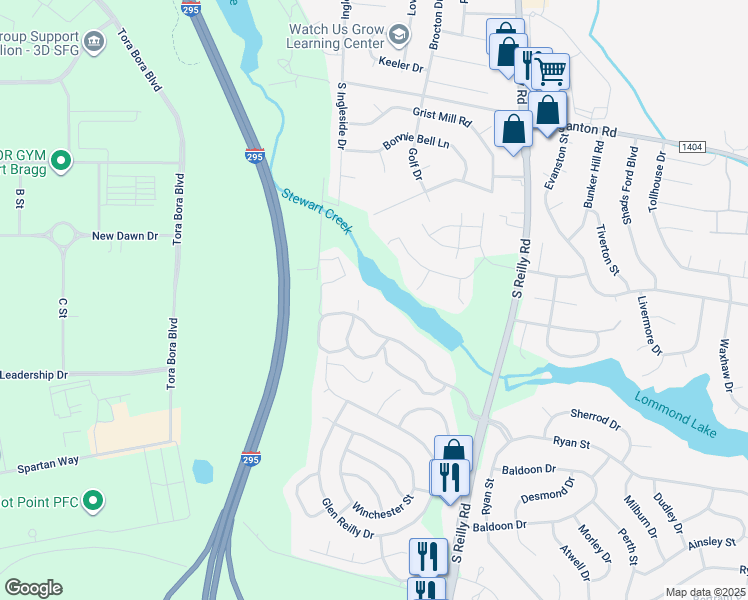 map of restaurants, bars, coffee shops, grocery stores, and more near 6780 Willowbrook Drive in Fayetteville