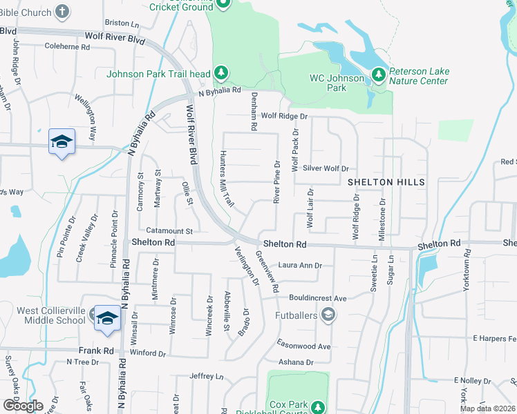map of restaurants, bars, coffee shops, grocery stores, and more near 1320 Riding Brook Drive in Collierville