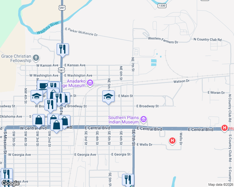 map of restaurants, bars, coffee shops, grocery stores, and more near 506 East Main Street in Anadarko