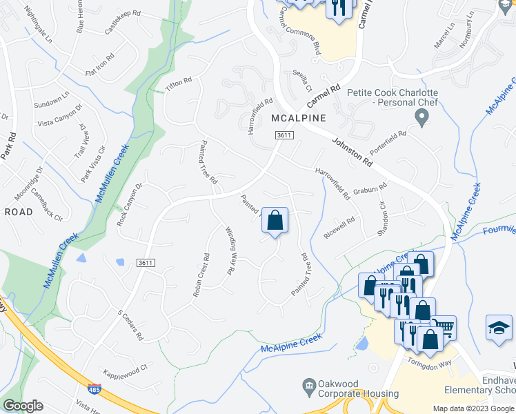 map of restaurants, bars, coffee shops, grocery stores, and more near 12200 Painted Tree Road in Charlotte