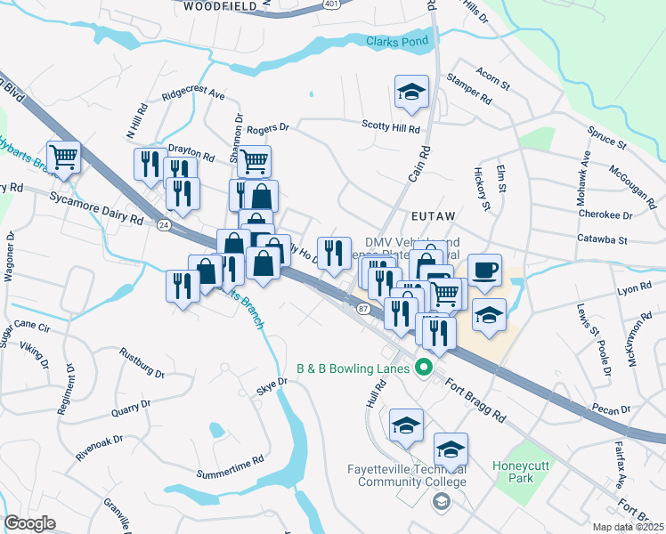 map of restaurants, bars, coffee shops, grocery stores, and more near 600 Tally Drive in Fayetteville