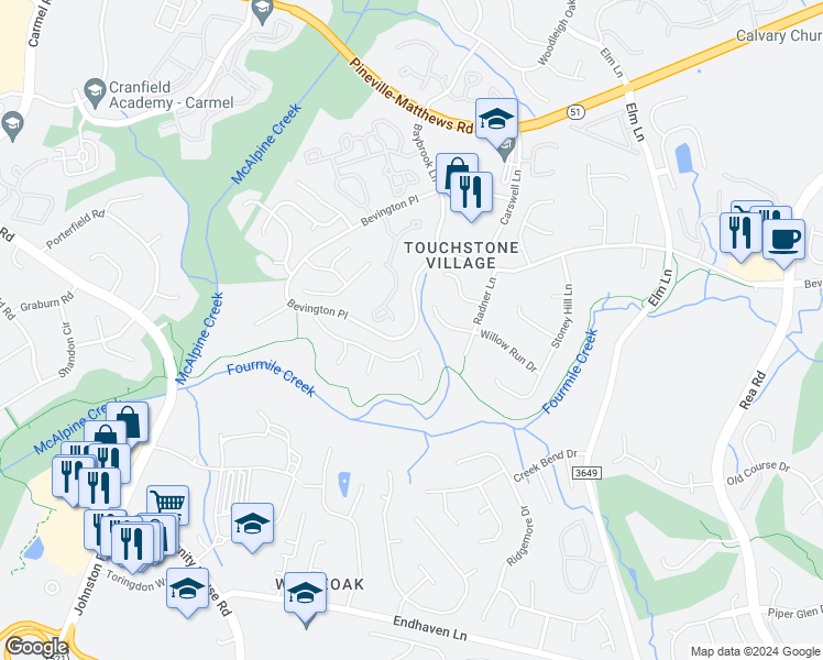 map of restaurants, bars, coffee shops, grocery stores, and more near 6700 Bevington Place in Charlotte