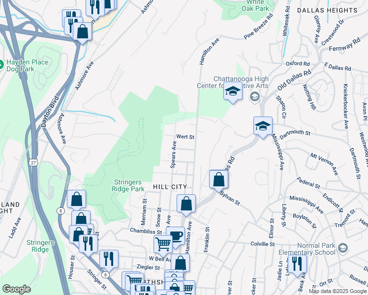 map of restaurants, bars, coffee shops, grocery stores, and more near 21 Trewhitt Street in Chattanooga