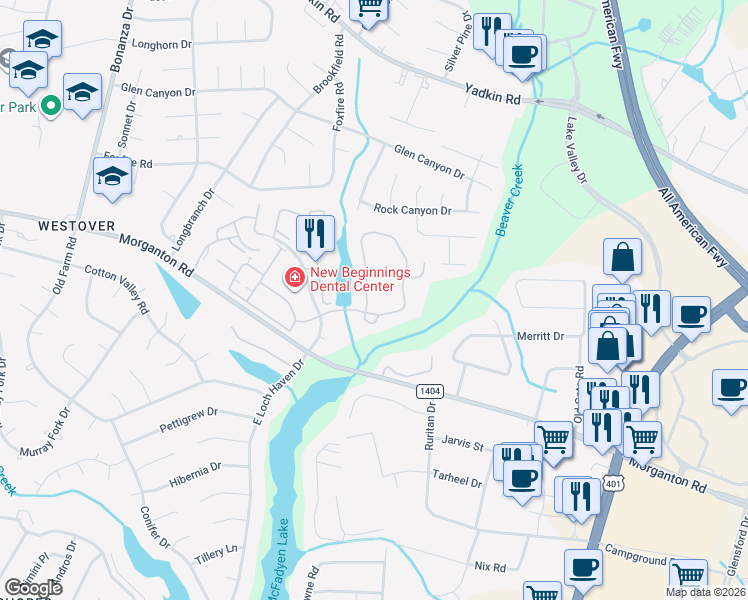 map of restaurants, bars, coffee shops, grocery stores, and more near 357 Waterdown Drive in Fayetteville