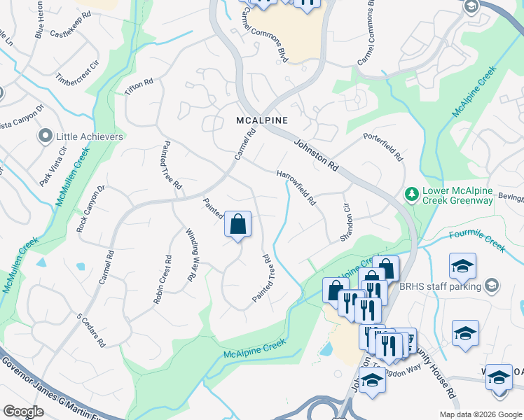 map of restaurants, bars, coffee shops, grocery stores, and more near 7223 Hackberry Lane in Charlotte