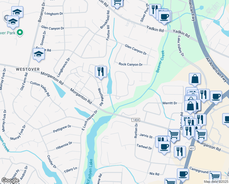 map of restaurants, bars, coffee shops, grocery stores, and more near 201 Waterdown Drive in Fayetteville