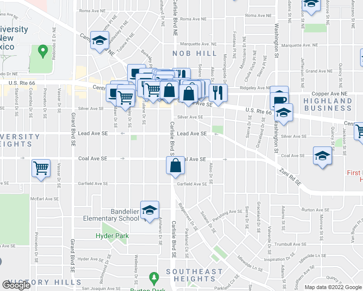 map of restaurants, bars, coffee shops, grocery stores, and more near 309 Hermosa Drive Southeast in Albuquerque