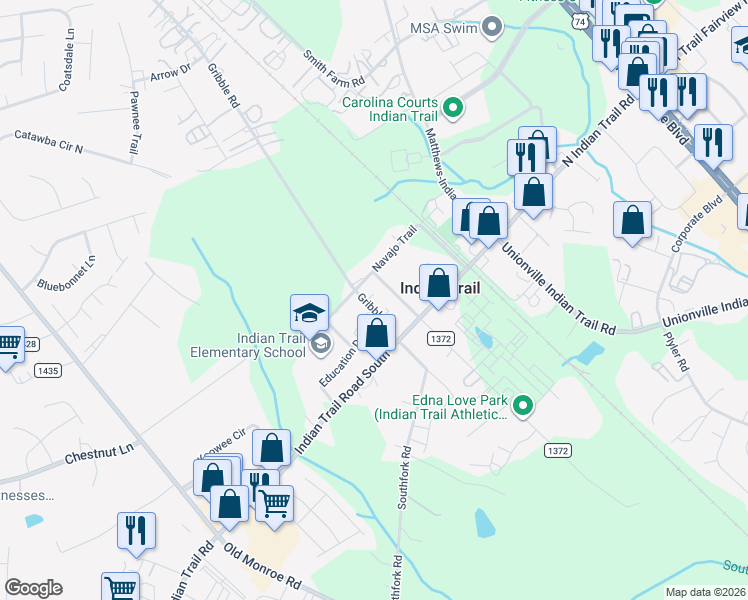 map of restaurants, bars, coffee shops, grocery stores, and more near 204 Gribble Road in Indian Trail