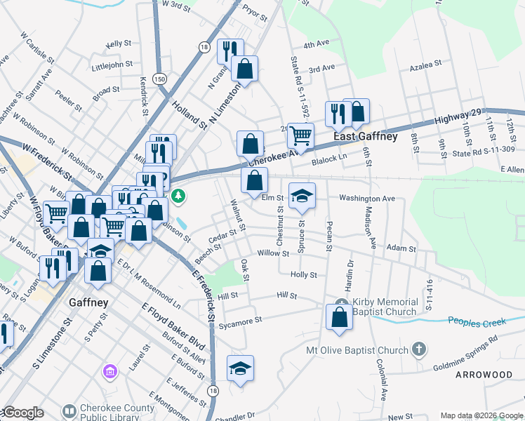 map of restaurants, bars, coffee shops, grocery stores, and more near 208 Magnolia Street in Gaffney