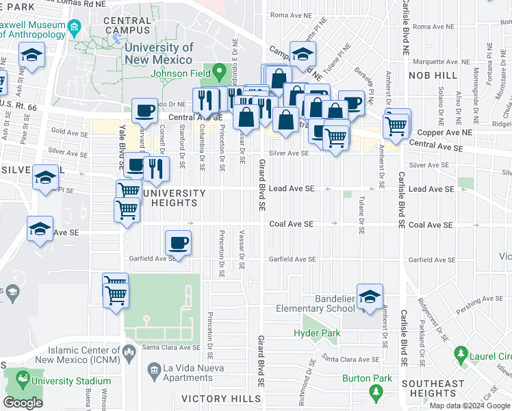 map of restaurants, bars, coffee shops, grocery stores, and more near 320 Vassar Drive Southeast in Albuquerque