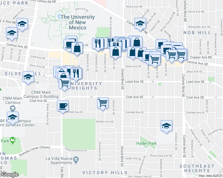 map of restaurants, bars, coffee shops, grocery stores, and more near 318 Princeton Drive Southeast in Albuquerque